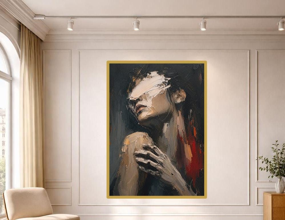 Moody Woman Portrait Wall Art Print, Dark Expressionist Canvas Art, Living Room Decor, Ready to Hang