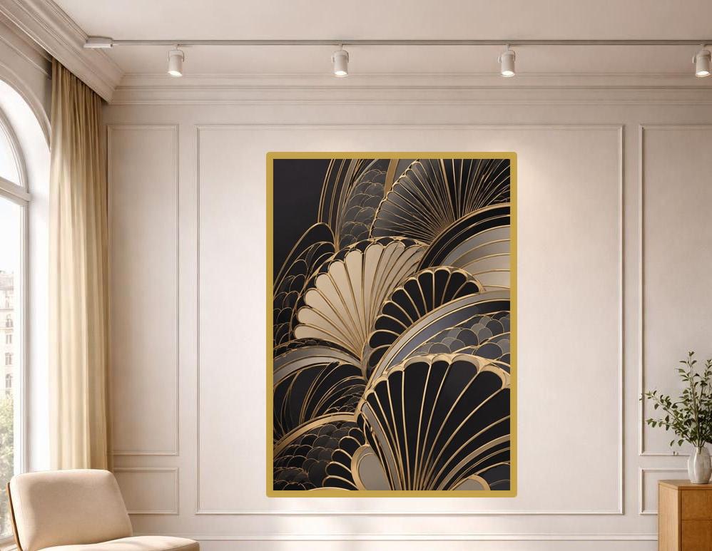 Gold Art Deco Elegance Gold Fan Pattern Canvas Print, Decorative Wall Art, Living Room Decor, Framed Canvas
