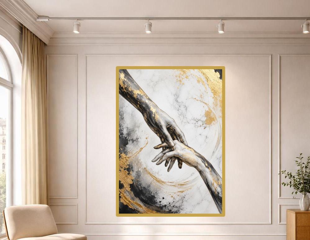 Hands Reaching Out Framed Canvas Print, Modern Abstract Wall Art, Living Room Decor