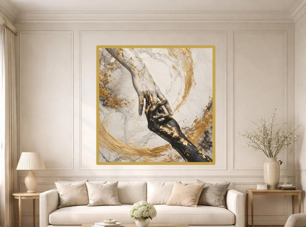 Golden Touch Hands Canvas Print, Abstract Art Print, Living Room Wall Decor, Ready to Hang