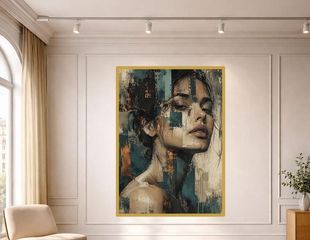 Teal Textured Abstract Art Abstract Woman Portrait Canvas Wall Art, Portrait Art, Living Room Decor, Framed Canvas