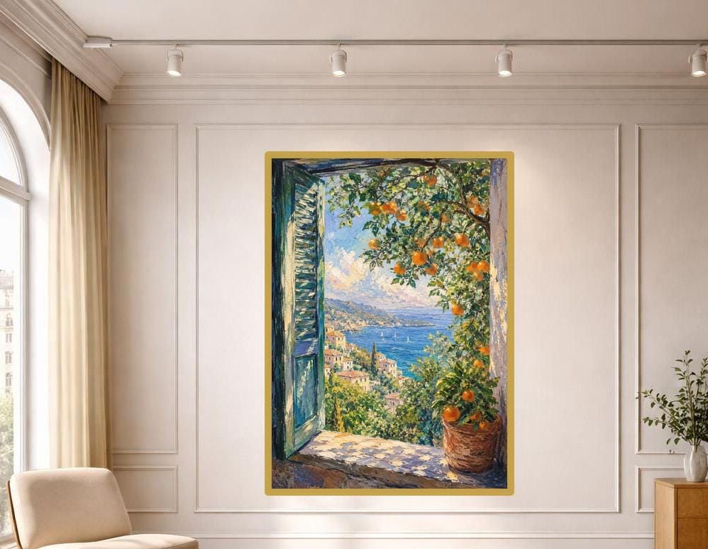 Seaside View with Oranges Canvas Wall Art, Blue Impressionist Landscape Coastal Art, Living Room Decor, Gallery Wall Art