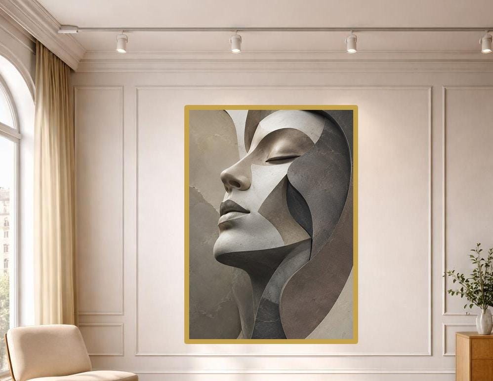 Abstract Face Sculpture Wall Art Print, Modern Abstract Canvas Art, Living Room Decor, Ready to Hang