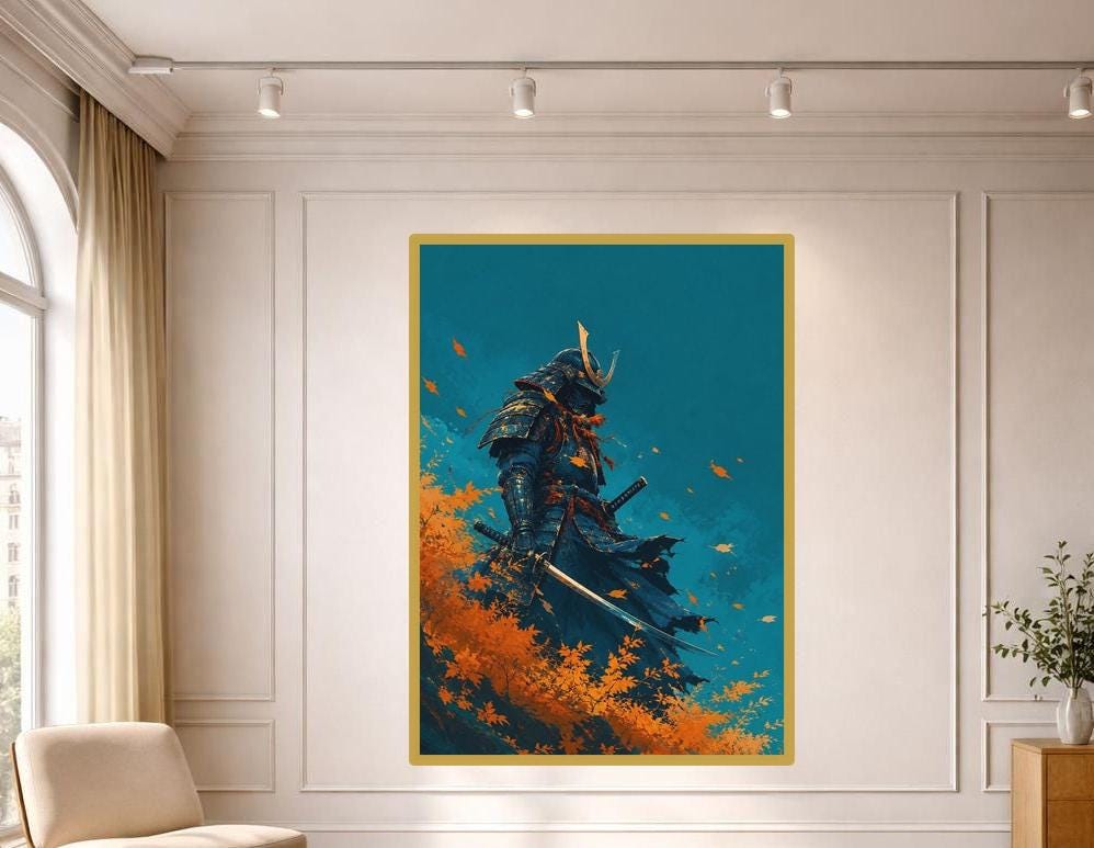 Blue Samurai Warrior Framed Canvas Print, Japanese Warrior Wall Art, Modern Office Decor
