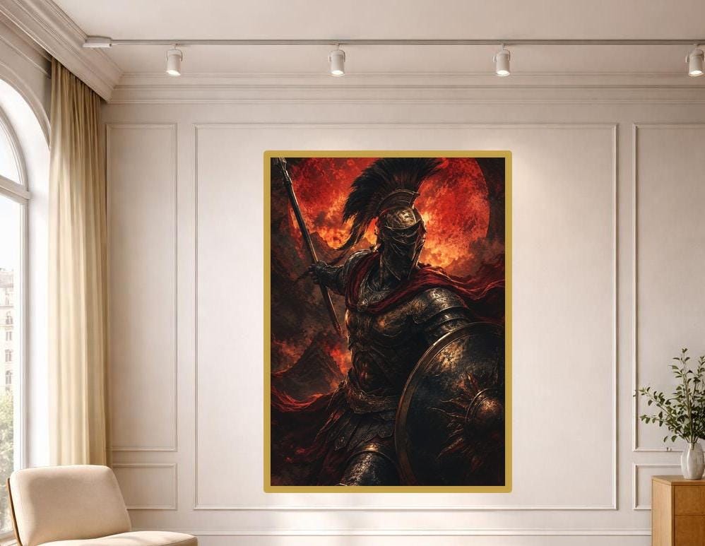 Red Samurai Warrior Canvas Wall Art, Japanese Warrior Portrait Print, Study Decor, Framed Canvas