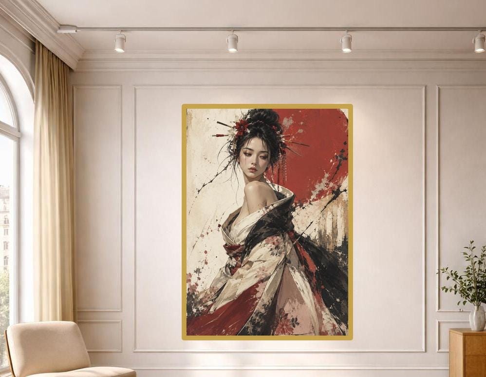 Japanese Geisha Woman Framed Canvas Print, Japanese Geisha Portrait, Elegant Bedroom Decor