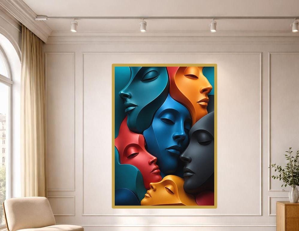 Colorful Abstract Faces Framed Canvas Print, Abstract Modern Wall Art, Living Room Decor