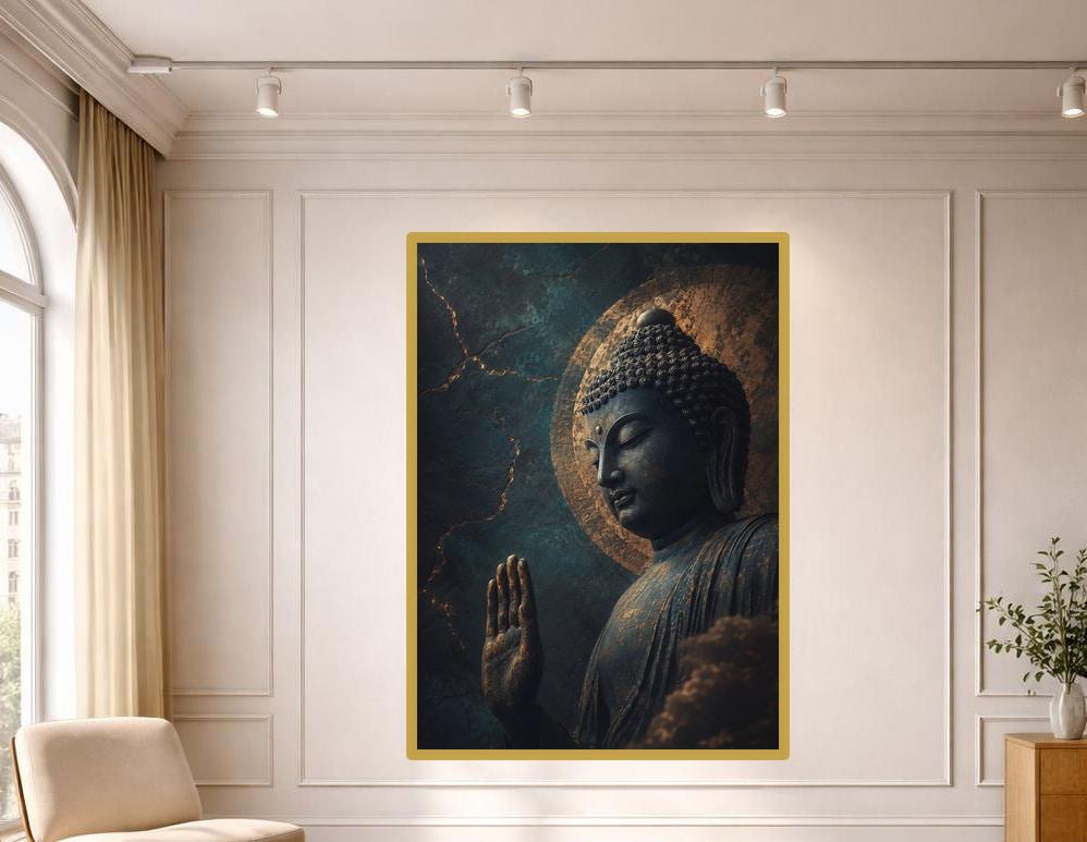 Gold Spiritual Art Golden Buddha Statue Canvas Print, Buddha Wall Art, Meditation Room Decor, Framed Canvas