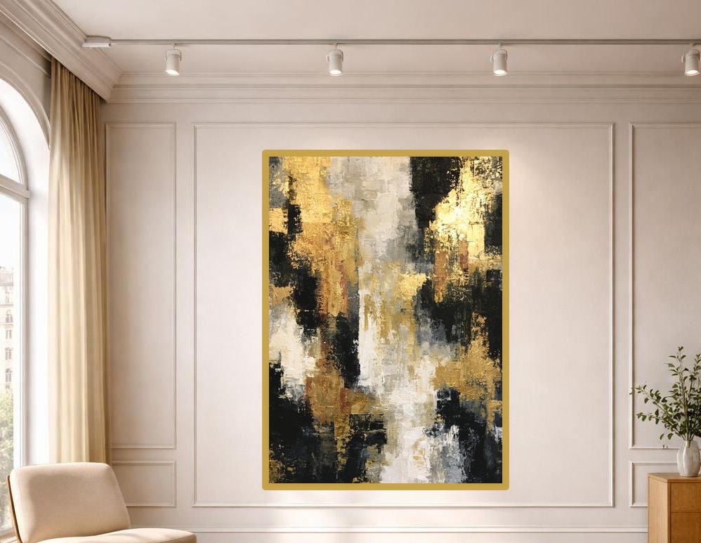 Black Textured Abstract Art Abstract Gold Black Canvas Print, Abstract Art Print, Living Room Decor, Framed Canvas