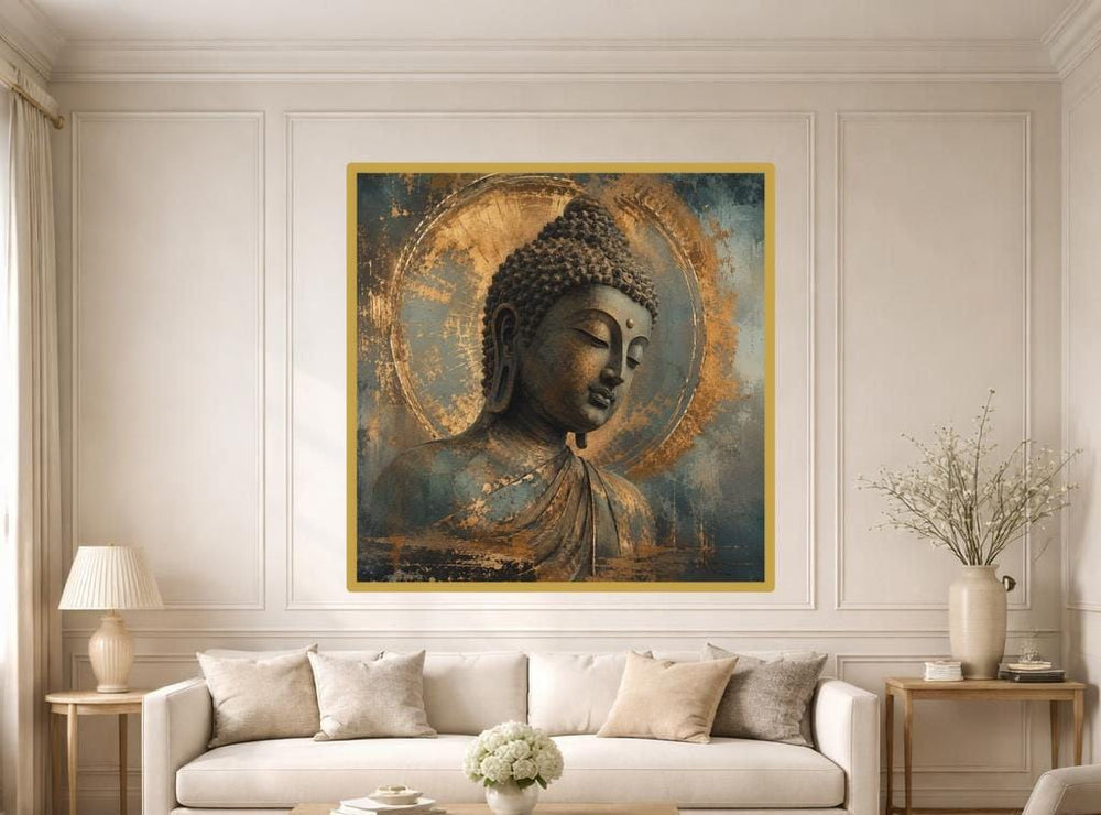 Gold Moody Spiritual Golden Buddha Portrait Canvas Wall Art, Buddha Art Print, Meditation Room Decor, Framed Canvas