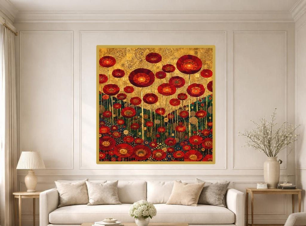 Gustav Klimt Red Floral Canvas Wall Art, Colorful Floral Print, Art Nouveau Living Room Decor, Framed Canvas