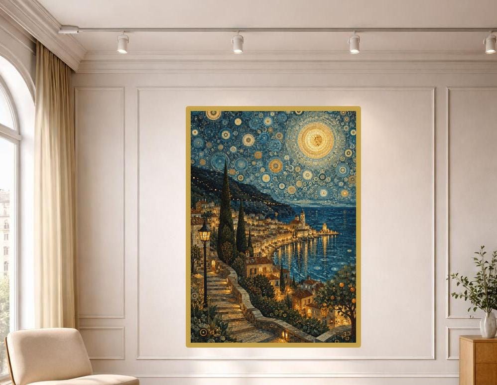 Gustav Klimt Mosaic Coastal Night Scene Art Print, Golden Floral Canvas Art, Art Nouveau Wall Decor