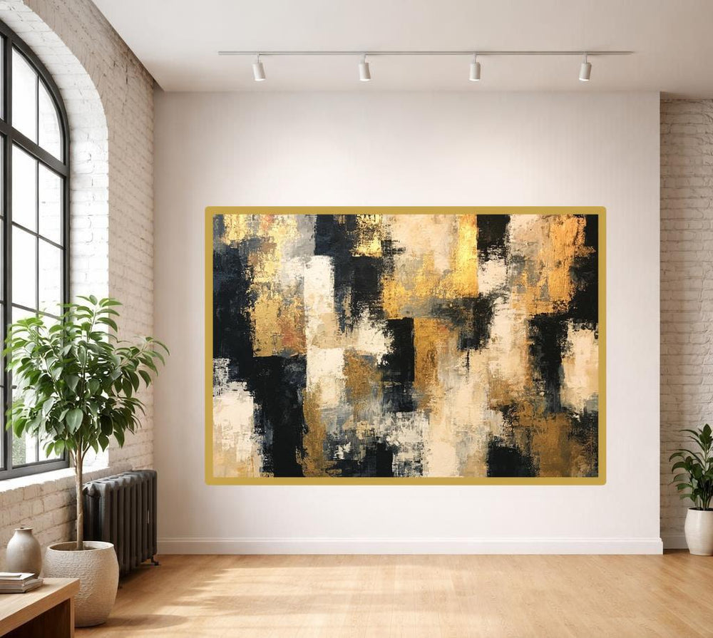 Abstract Gold Black Framed Canvas Print, Textured Abstract Art Wall Art, Living Room Decor