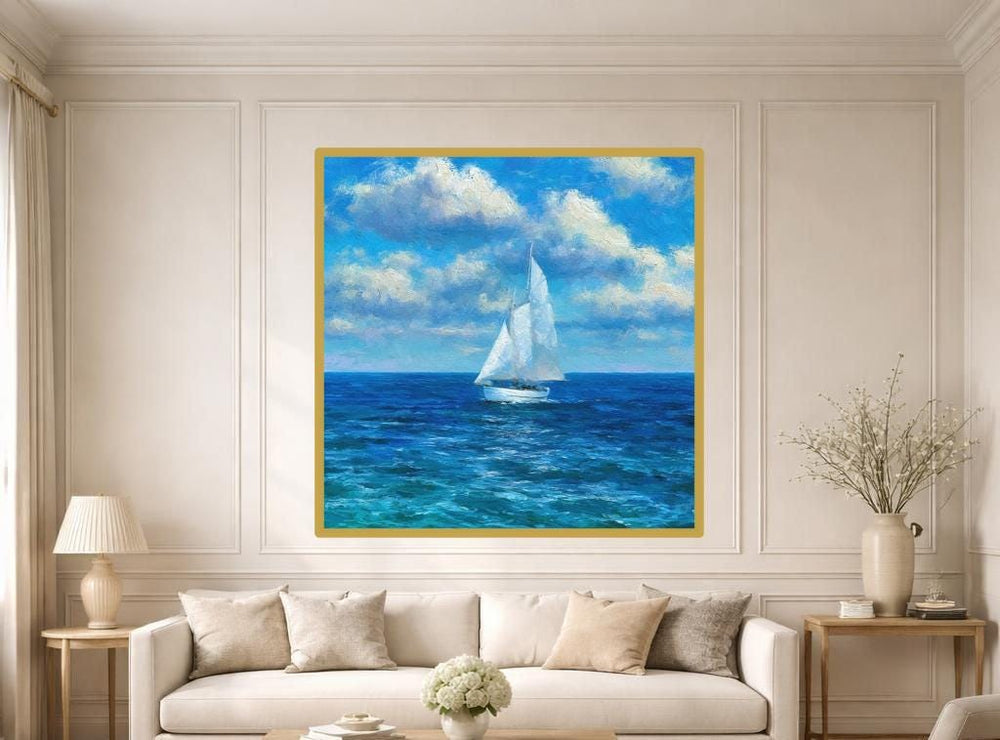 Sailboat on Ocean Canvas Wall Art, Impressionist Seascape Print, Living Room Decor, Ready to Hang