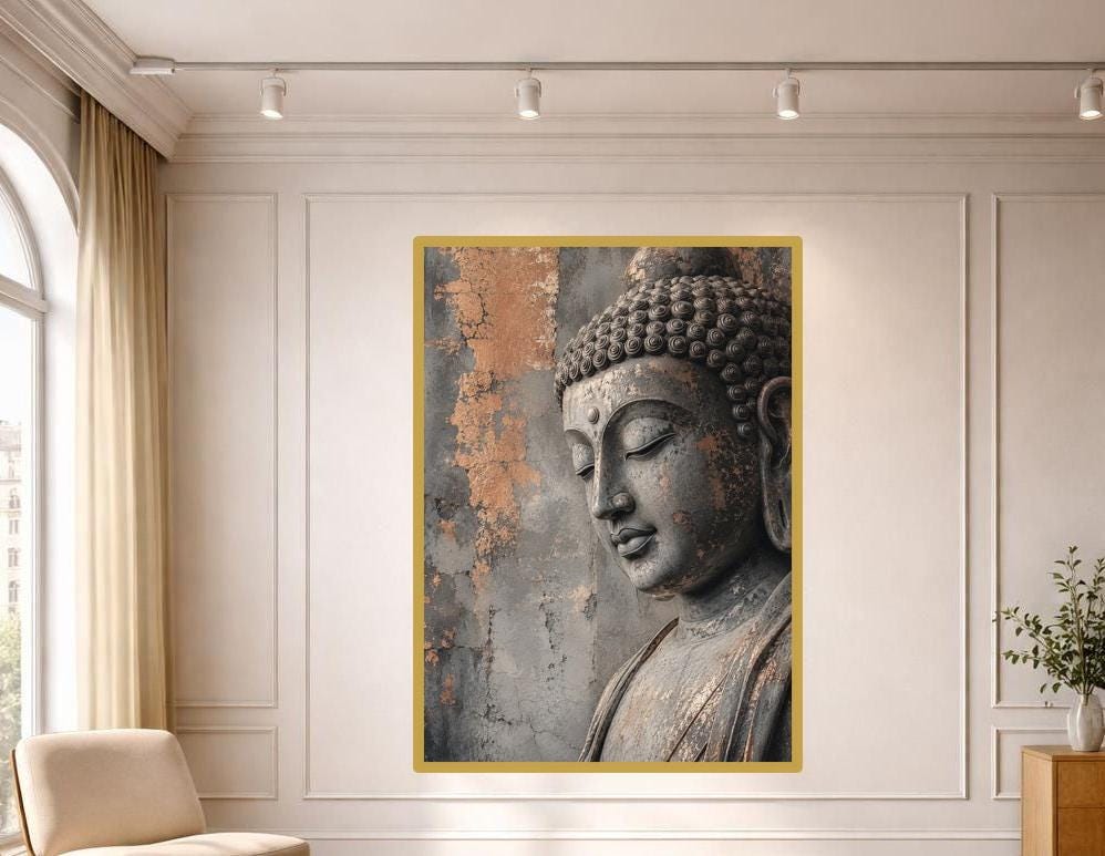Buddha Face Sculpture Canvas Wall Art, Gray Meditative Sculpture Buddha Wall Art, Meditation Room Decor, Gallery Wall Art