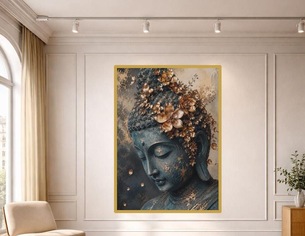 Golden Buddha Portrait Art Print, Elegant Floral Canvas Wall Art, Living Room Decor, Framed Canvas