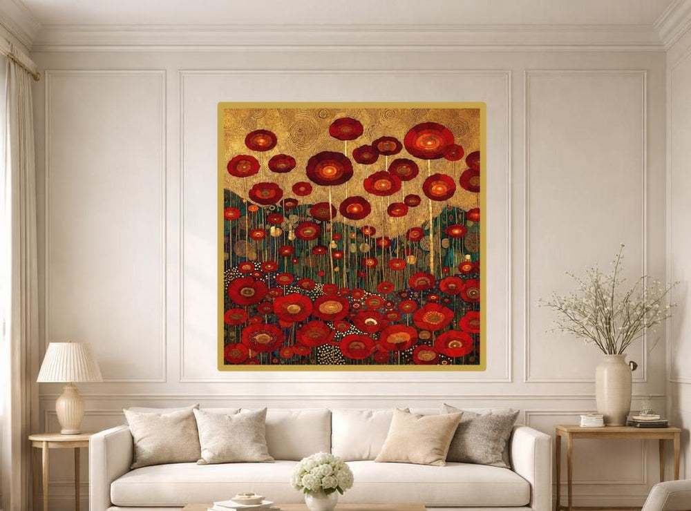 Gustav Klimt Red Floral Art Print, Golden Floral Canvas Art, Art Nouveau Wall Decor