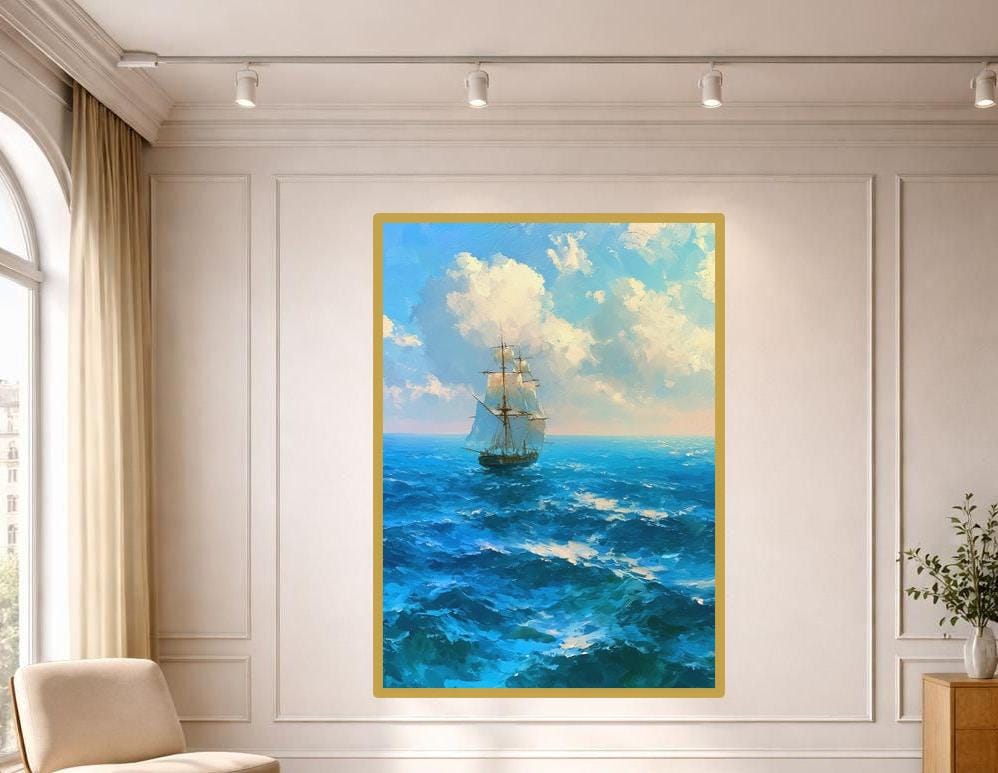 Blue Impressionist Seascape Sailing Ship on Ocean Canvas Print, Ocean Art, Living Room Decor, Framed Canvas