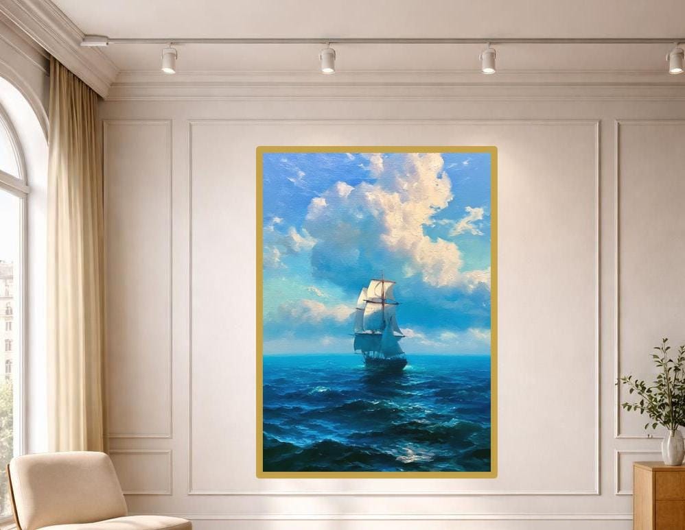 Sailing Ship At Sea Art Print, Realistic Seascape Canvas Wall Art, Living Room Decor, Framed Canvas