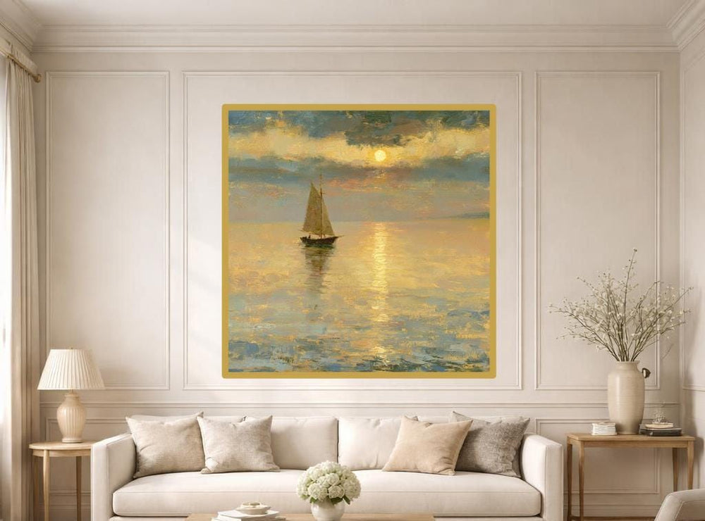 Gold Impressionist Landscape Sailboat on Water Canvas Print, Seascape Print, Living Room Decor, Framed Canvas