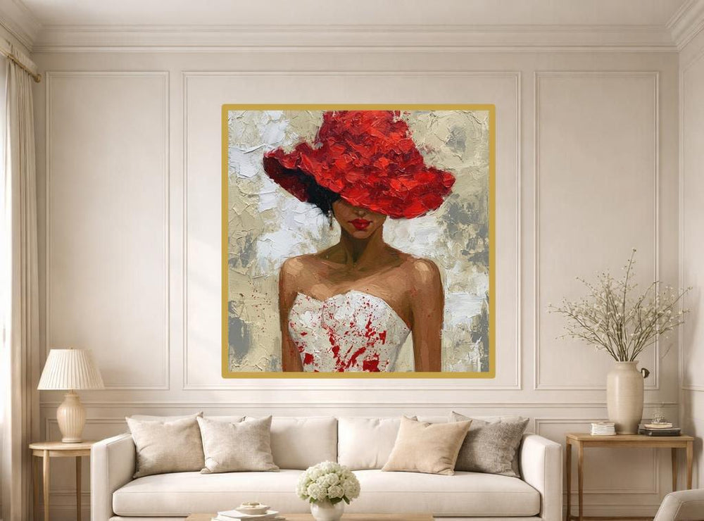 Woman in Red Hat Wall Art Print, Moody Portrait Canvas Art, Living Room Decor, Ready to Hang