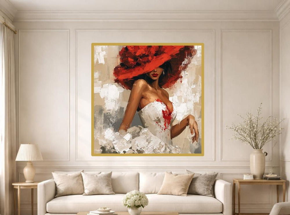 Woman in Red Hat Canvas Wall Art, Red Moody Portrait Fashion Art, Living Room Decor, Gallery Wall Art