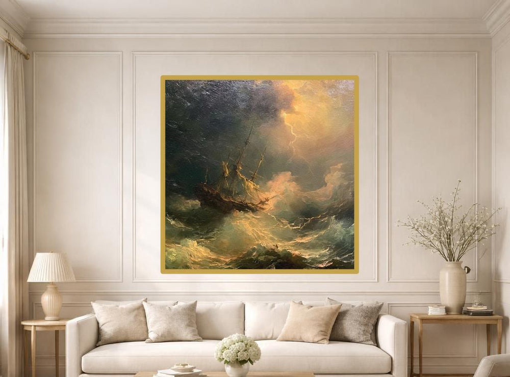 Stormy Ship At Sea Canvas Wall Art, Dramatic Seascape Print, Living Room Decor, Ready to Hang