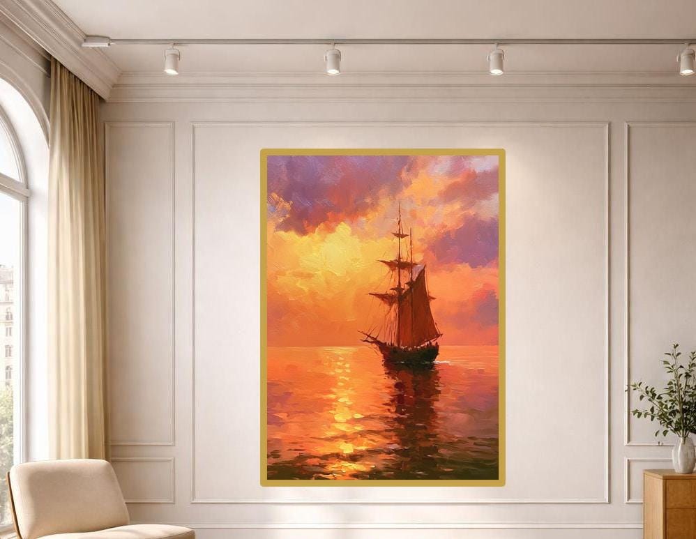 Sailing Ship At Sunset Canvas Wall Art, Orange Impressionist Landscape Seascape Art, Living Room Decor, Gallery Wall Art