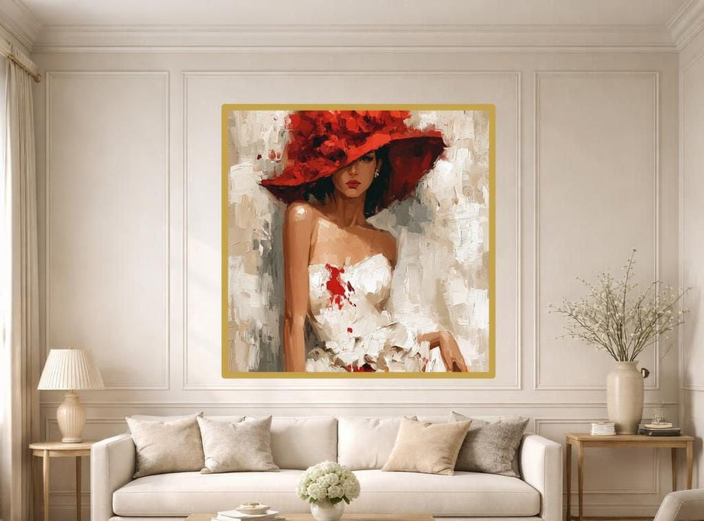 Woman in Red Hat Art Print, Moody Portrait Canvas Wall Art, Living Room Decor, Framed Canvas