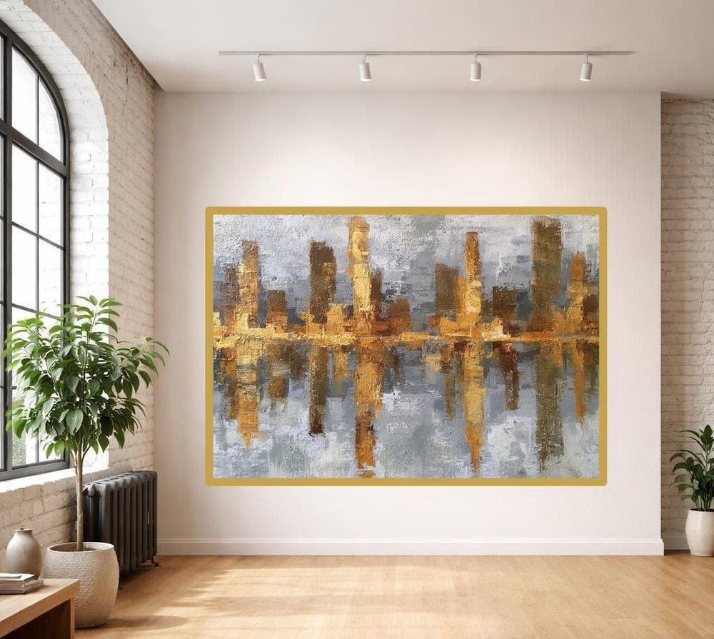 Abstract Gold Cityscape Canvas Wall Art, Gold Textured Abstract Art Cityscape Print, Living Room Decor, Gallery Wall Art