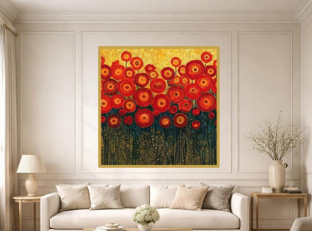 Gustav Klimt Red Flowers Wall Art Print, Ornate Wildflower Field, Art Nouveau Gallery Decor