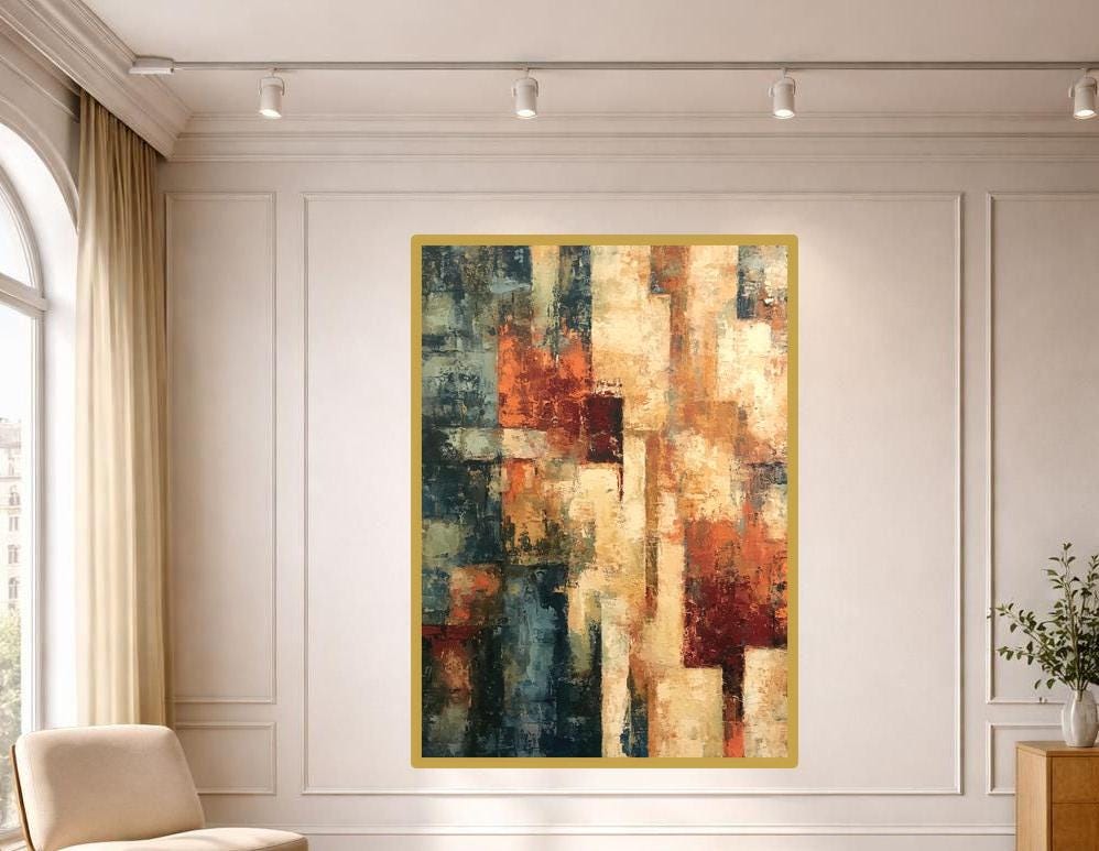 Abstract Color Blocks Framed Canvas Print, Textured Abstract Art Wall Art, Living Room Decor