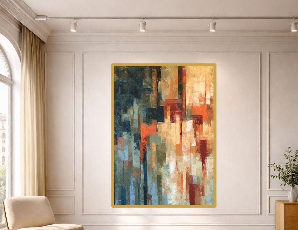 Abstract Color Blocks Canvas Wall Art, Blue Textured Abstract Abstract Art Print, Living Room Decor, Gallery Wall Art