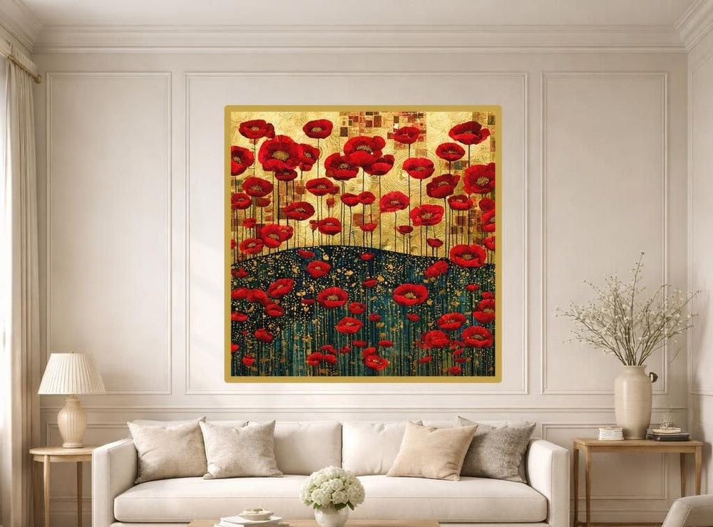 Gustav Klimt Red Floral Wall Art Print, Ornate Wildflower Field, Art Nouveau Gallery Decor