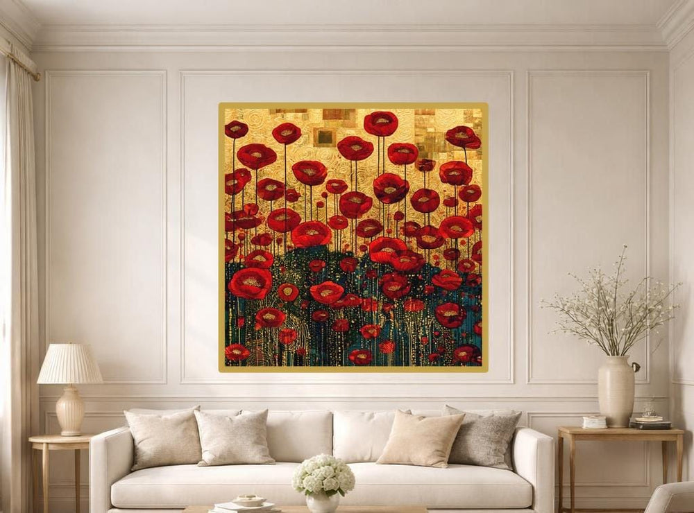 Gustav Klimt Red Floral Framed Canvas Print, Gold Floral Botanical Art, Living Room Decor
