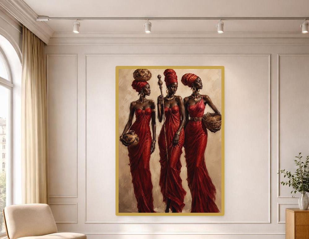 Red Cultural Portrait African Women in Red Canvas Print, Ethnic Art Print, Living Room Decor, Framed Canvas