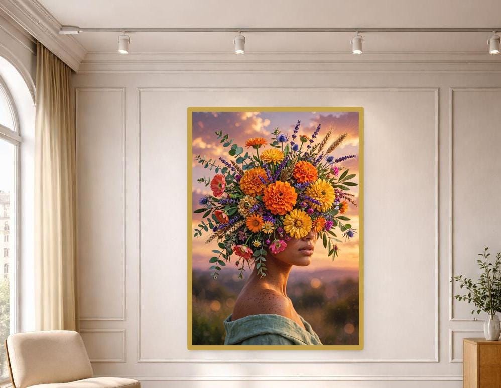 Floral Woman Portrait Canvas Wall Art, Boho Floral Print, Living Room Decor, Ready to Hang