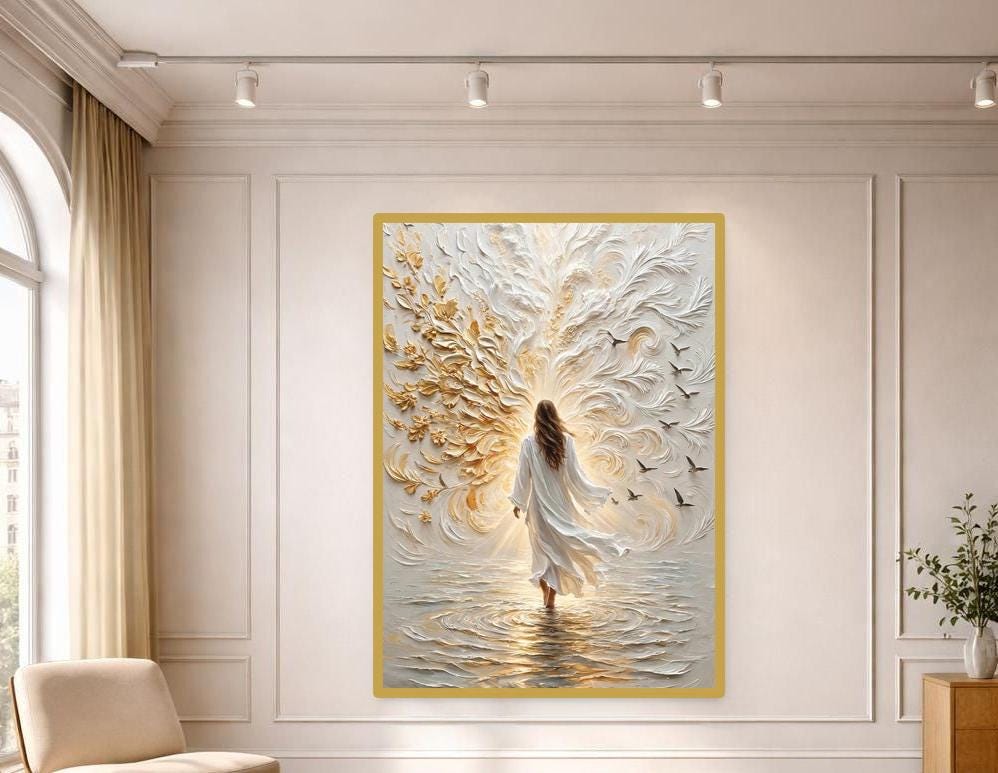 Woman in White Dress Canvas Print, Dreamlike Surrealism Wall Art, Faith Based Living Room Decor, Ready to Hang