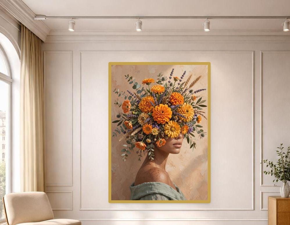 Floral Woman Portrait Canvas Wall Art, Orange Boho Floral Floral Print, Living Room Decor, Gallery Wall Art
