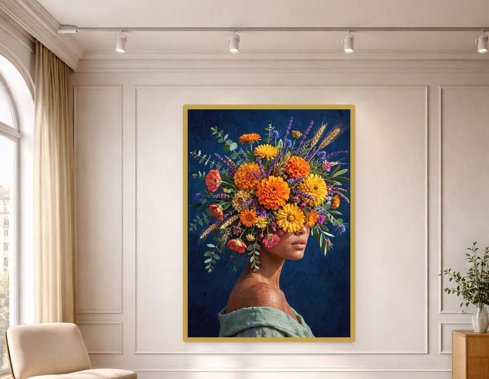 Floral Woman Portrait Wall Art Print, Vibrant Floral Art Canvas Art, Living Room Decor, Ready to Hang