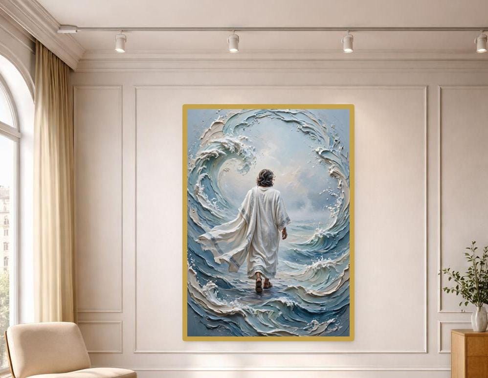 Jesus Walking on Water Canvas Wall Art, Christian Wall Art, Christian Living Room Decor, Framed Canvas