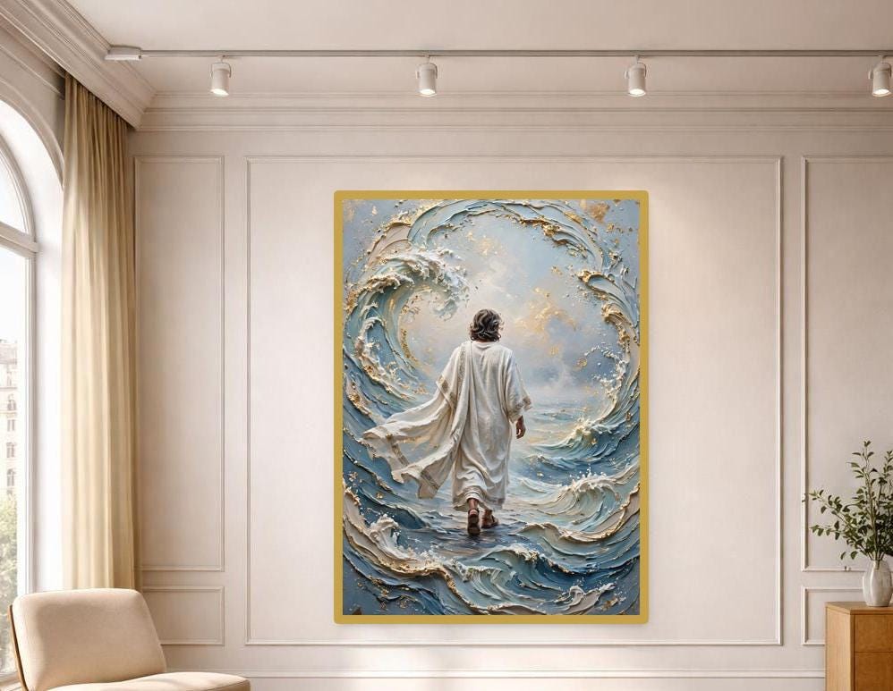 Jesus Walking on Waves Canvas Wall Art, Christian Wall Art, Christian Living Room Decor, Framed Canvas