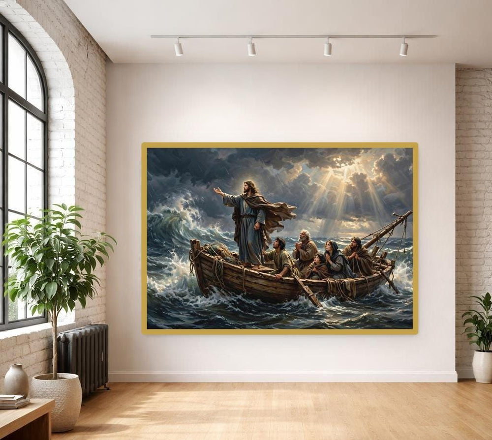 Jesus in Stormy Sea Canvas Print, Dramatic Religious Scene Wall Art, Faith Based Living Room Decor, Ready to Hang