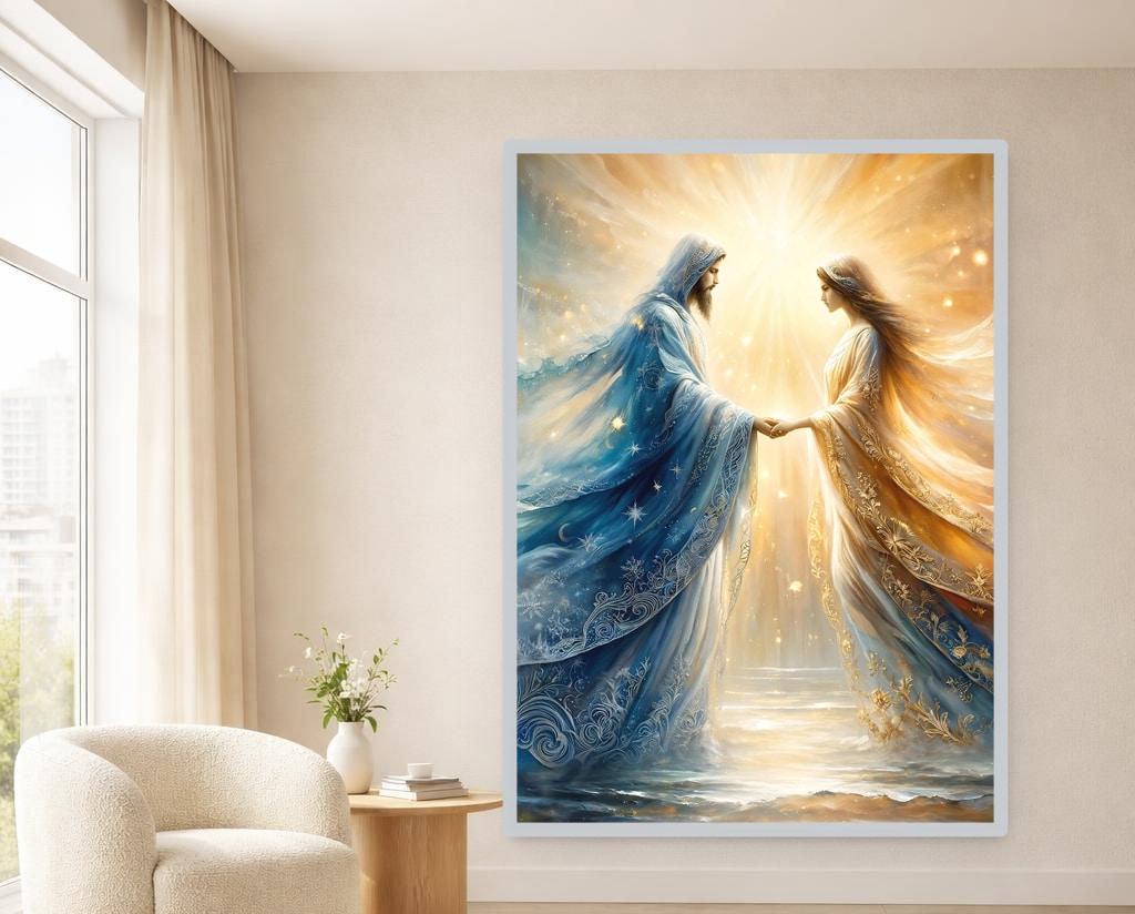 Jesus and Woman Holding Hands Wall Art Print, Christian Canvas Art, Prayer Room Decor, Framed Canvas