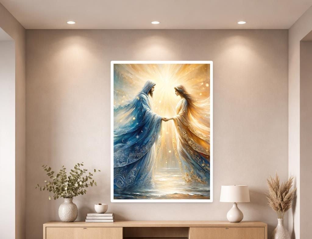 Jesus and Woman Holding Hands Wall Art Print, Christian Canvas Art, Prayer Room Decor, Framed Canvas