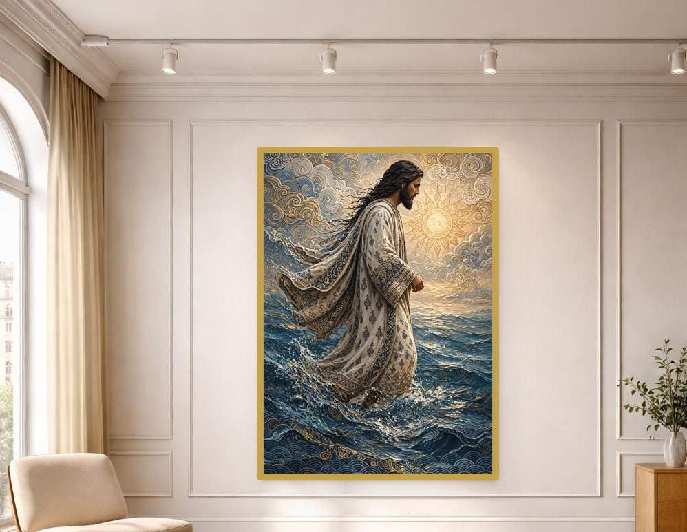 Jesus Walking on Water Framed Canvas Print, Christian Wall Art, Religious Living Room Decor