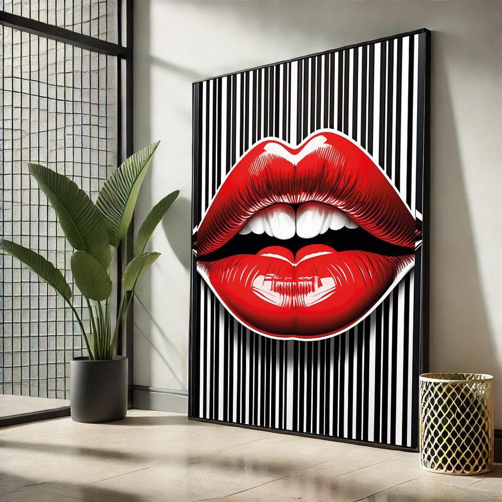 Modern Lips Pop Art Canvas – Black & White Striped Wall Decor