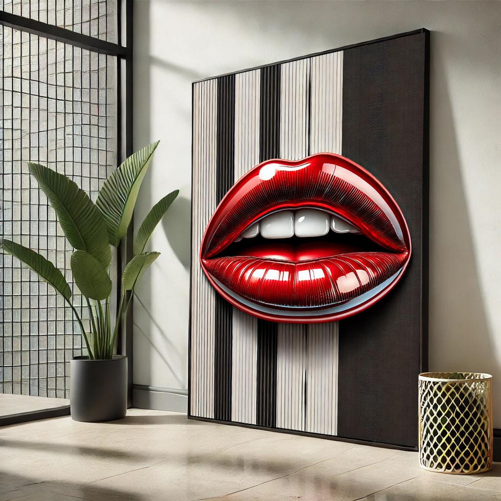 Modern Lips Pop Art Canvas – Black & White Striped Wall Decor