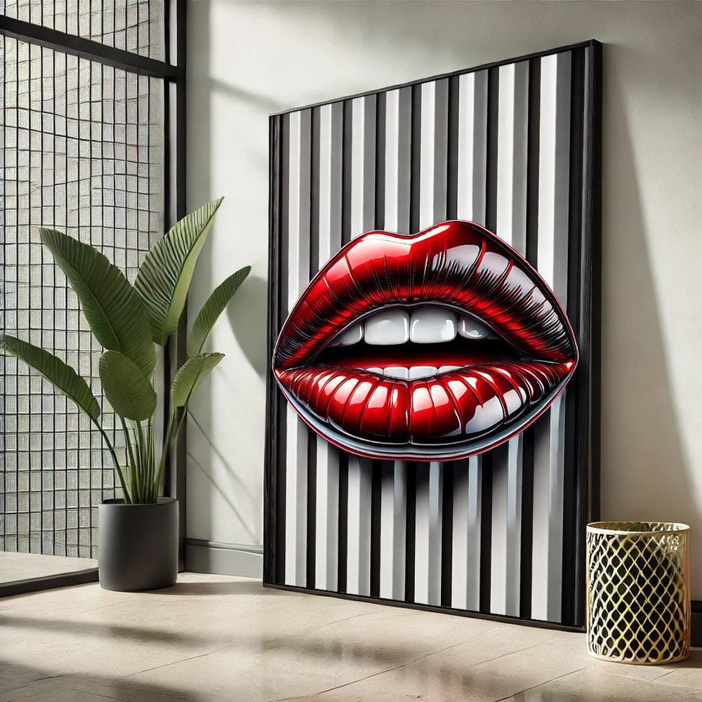 Modern Lips Pop Art Canvas – Black & White Striped Wall Decor