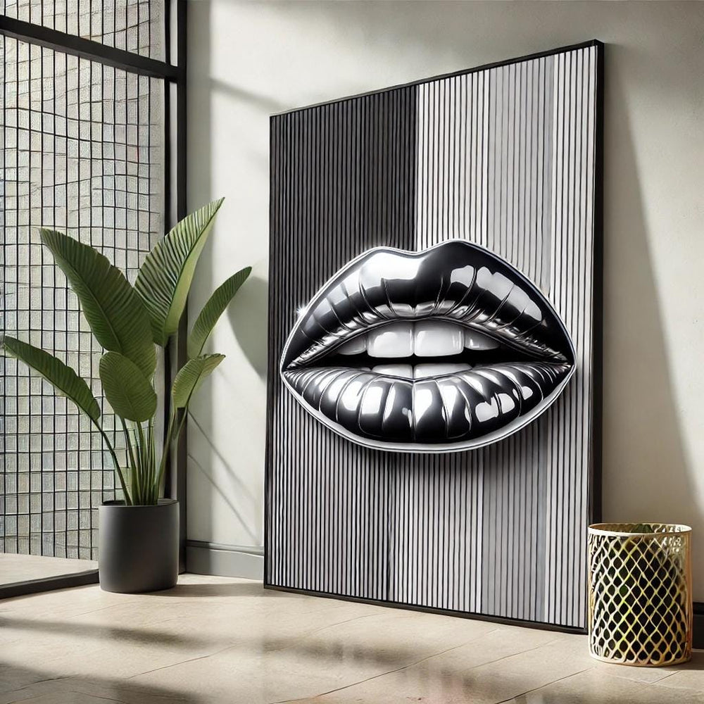Modern Lips Pop Art Canvas – Black and White Striped Wall Decor
